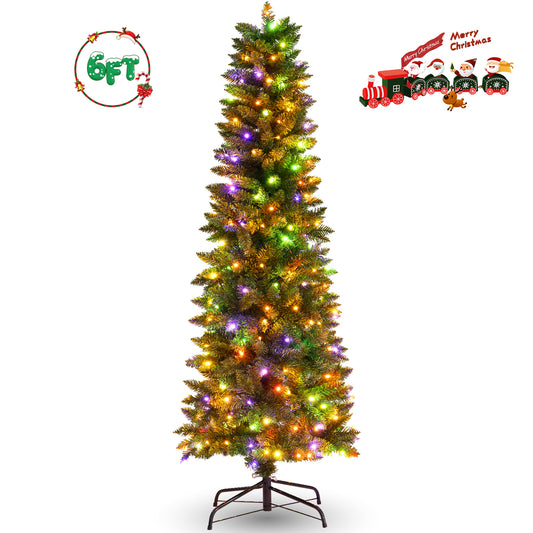 VIBESPARK 6ft Pre-Lit Pencil Christmas Tree, Skinny Spruce Slim Holiday Decoration w/ 900 Tips, 250 Lights, Metal Hinges & Base