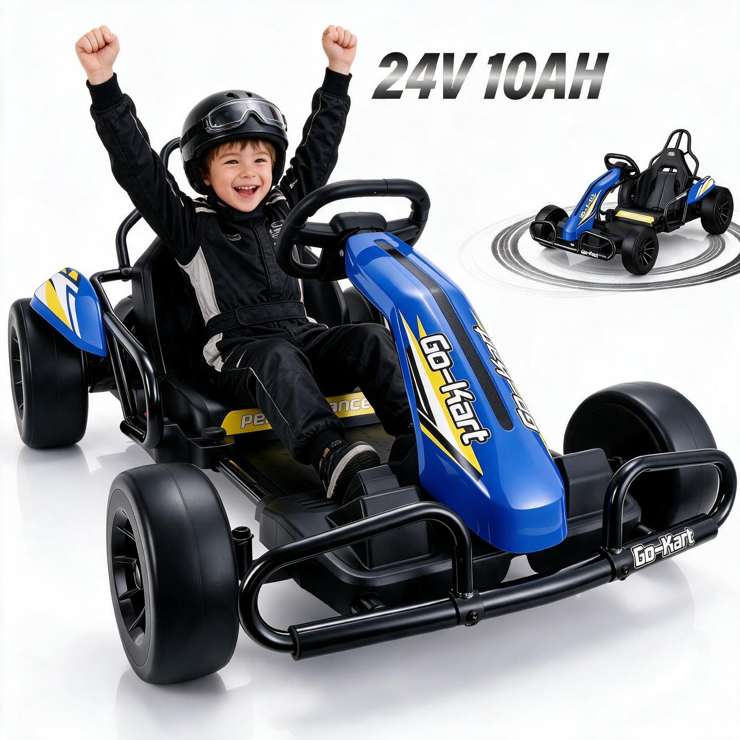 VIBESPARK Drift Go Kart, 24V 10AH Electric Go Kart for Kids Ages 6-14, 360° Drift Mode, Ride On Car with Backrest & Adjustable Seat, 300W Dual Motors, Max Speed 7.5mph/h, Blue