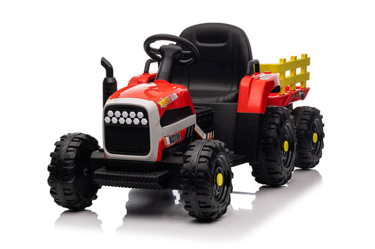 Vibespark 12V Ride on Tractor Toys with Trailer, 7AH Battery Powered Electric Car for Kids w/ Remote Control, Music Player, 3 Speeds, LED Lights, Tractor Ride on Toys, Red