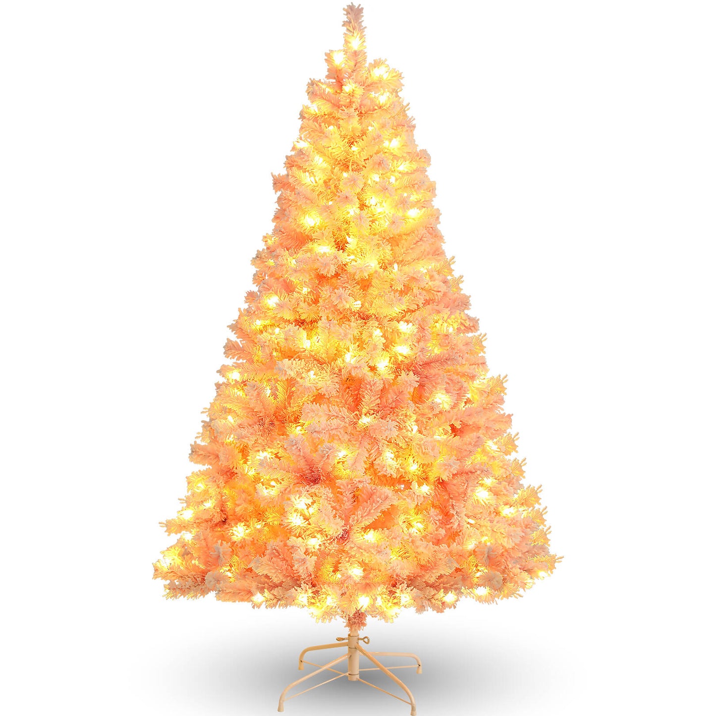 VIBESPARK 6FT Pre-Lit Flocked Christmas Tree, Artificial Christmas Tree with 250 LED Lights, Hinged Pine Tree with 640 Branches, Foldable Metal Stand, Indoor and Outdoor, Pink