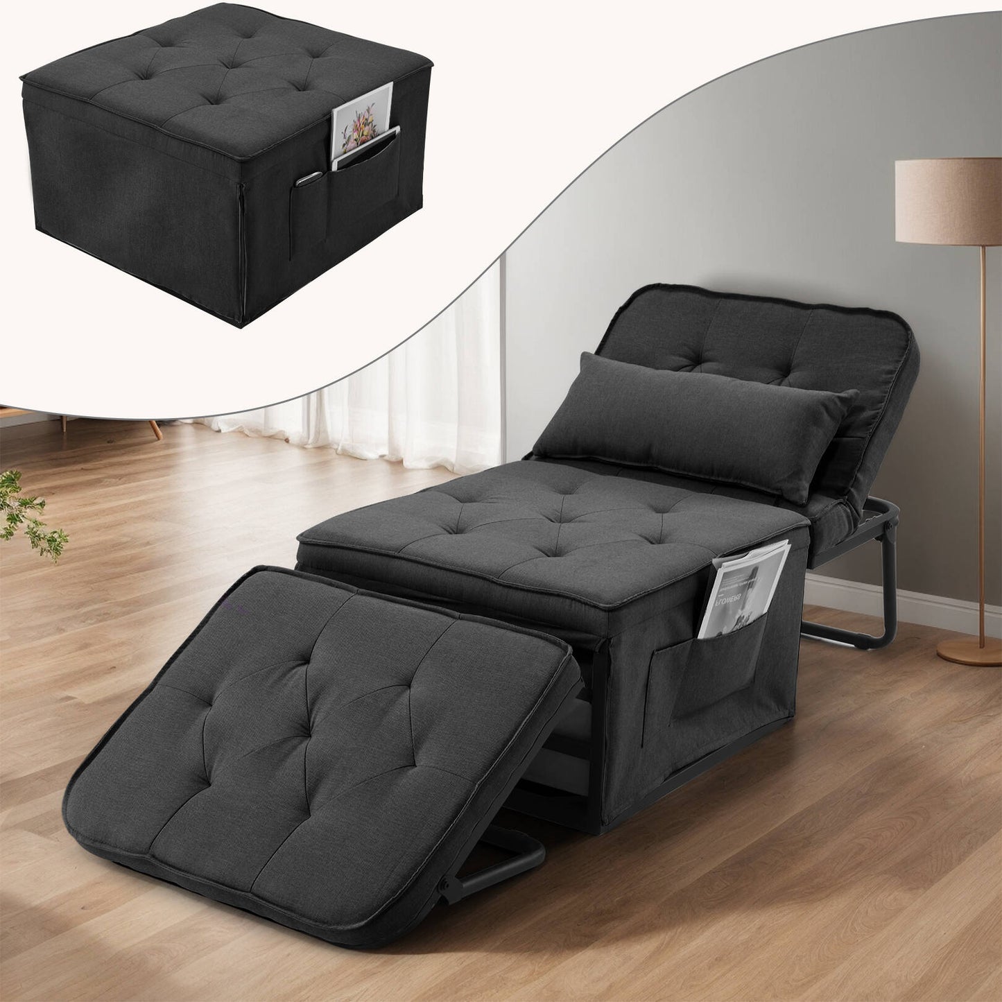VIBESPARK 5 in 1 Convertible Sofa Chair Bed, Folding Ottoman Linen Fabric Sleeper Chair with 6 Adjustable Backrests, Adults Single Sofa Bed w/ Surpport Pillow, Home, Living Room, Apartment, Office