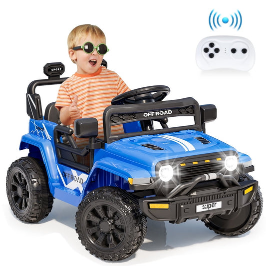 VIBESPARK 12V Ride on Truck Car, Ride on Toys for Toddlers with Remote Control, Electric Cars for Kids w/ 3-point Safety Belts, Built-in Music, LED Lights, Spring Suspension, Aged 3-6, Blue