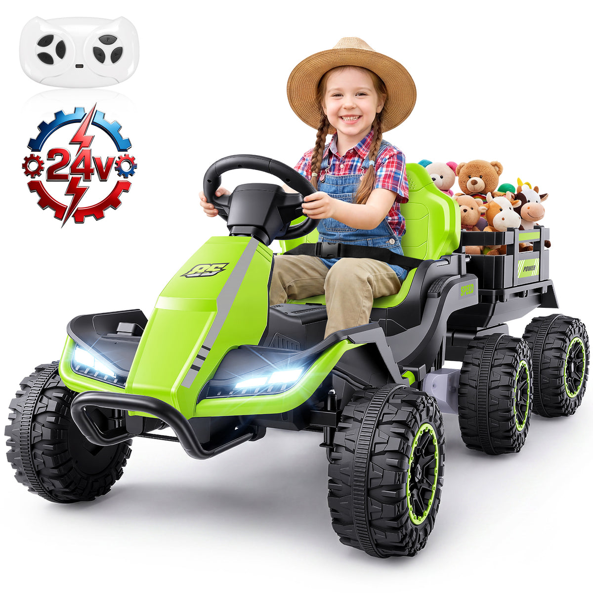 VIBESPARK 24V Ride on Toys with Remote Control, 3 in 1 Ride on Car, Ride on ATV for Kids with Trailer, 6 Wheels Kids Electric Car w/ Bluetooth, MP3, Music, Green