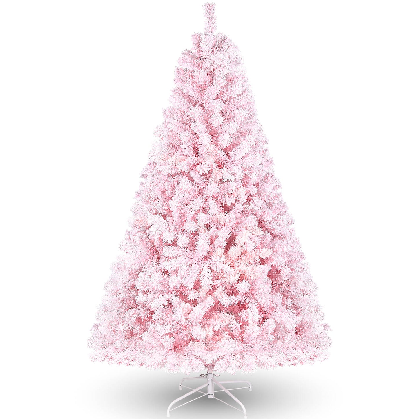 VIBESPARK 6FT Snow Flocked Christmas Tree, Artificial Imitation Christmas Tree, Hinged Pine Tree with 640 Branches, Foldable Metal Stand, Holiday Decorations, Indoor and Outdoor, Pink