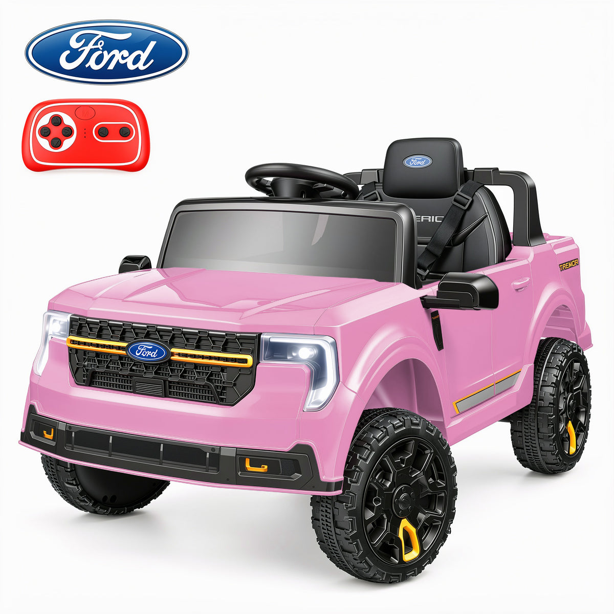 Farmdex Licensed Ford MAVERICK Tremor Ride on Car Toys with Remote Control, 4WD Electric Cars for Kids w/ 3 Speeds, LED Lights, Suspension, Bluetooth, Music, MP3, Pink
