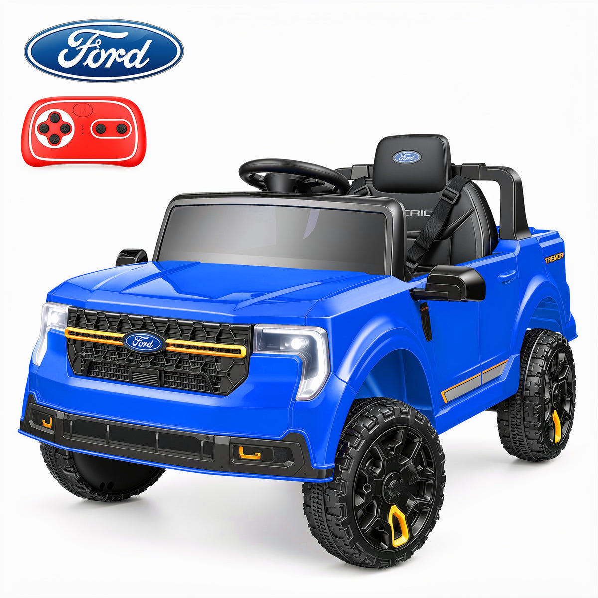 Farmdex Licensed Ford MAVERICK Tremor Ride on Car Toys with Remote Control, 4WD Electric Cars for Kids w/ 3 Speeds, LED Lights, Suspension, Bluetooth, Music, MP3, Blue
