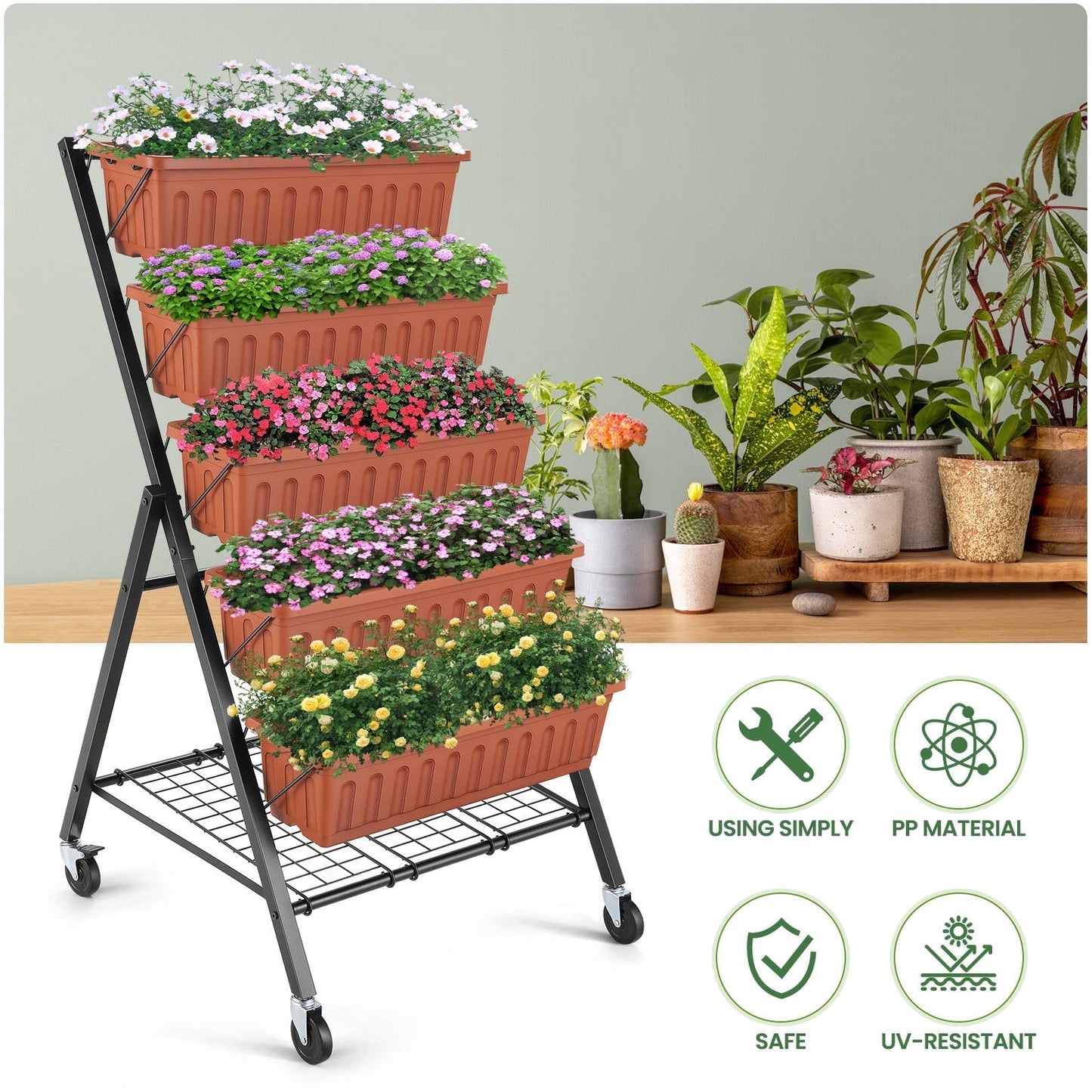 VIBESPARK 5-Tier Vertical Raised Garden Bed with Lockable Caster Wheels - 4FT, Includes 5 Planter Boxes, Ideal for Growing Vegetables, Herbs, and Flowers Indoors (Brown)