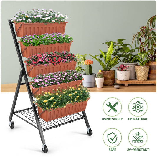 VIBESPARK 5-Tier Vertical Raised Garden Bed with Lockable Caster Wheels - 4FT, Includes 5 Planter Boxes, Ideal for Growing Vegetables, Herbs, and Flowers Indoors (Brown)
