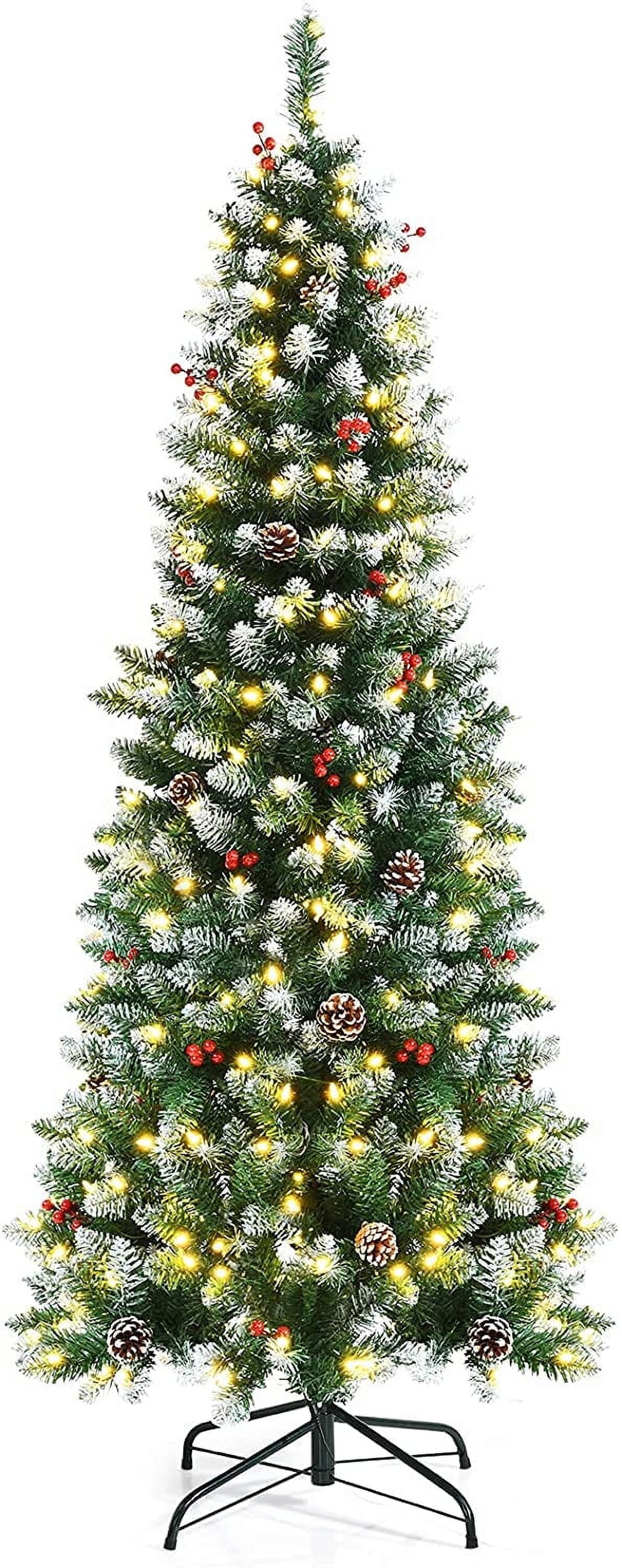 Funcid 6ft Pre-Lit Pencil Christmas Tree Pre-Decorated Snow Flocked Tree for Holiday Decor w/ LED Lights with Adjustable Flash Rate & Color Modes, Pine Cones & Red Berries
