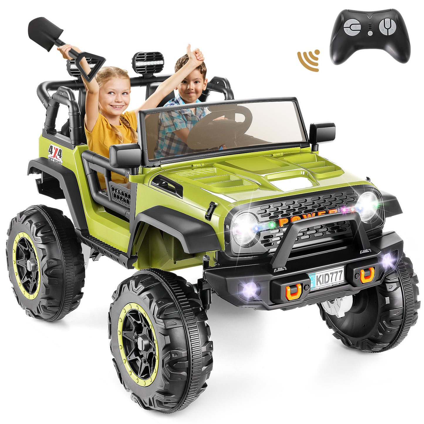 VIBESPARK 24V 2-Seater Ride on Toys, Ride on Truck Car with Colored LED Lights, 2WD/4WD Switchable Electric Car for Kids, Ride on Cars W/ Bluetooth, SD Card Slot, Toy Shovel, Spring Suspension, Green