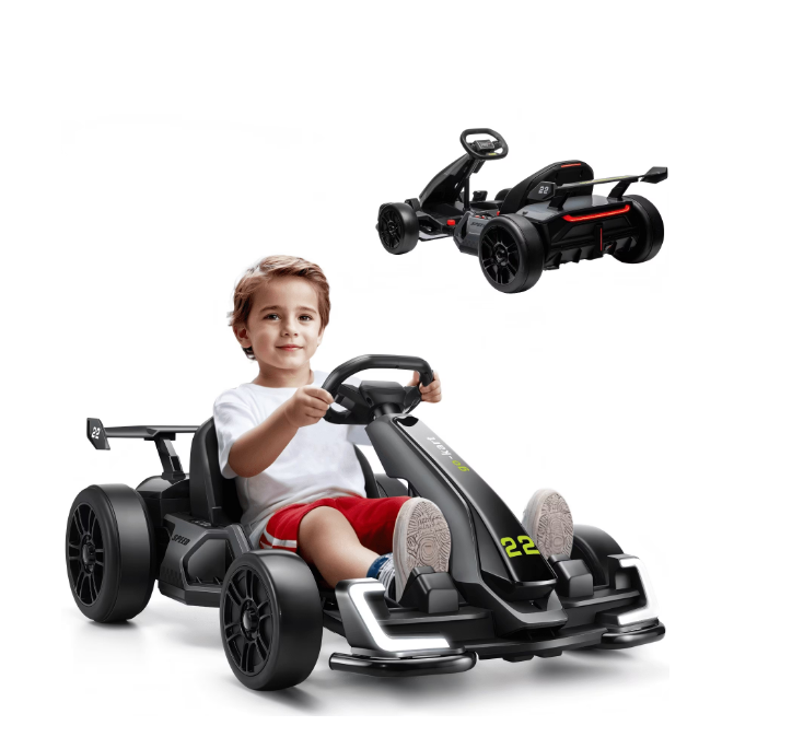 VIBESPARK 24V Electric Go Kart, Drift Go Kart for Kids with Adjustable Seat, Two Drive Modes, Ultra-Long Battery Life, Bluetooth, LED lights, Ride on Car for Kids 6-12, Black