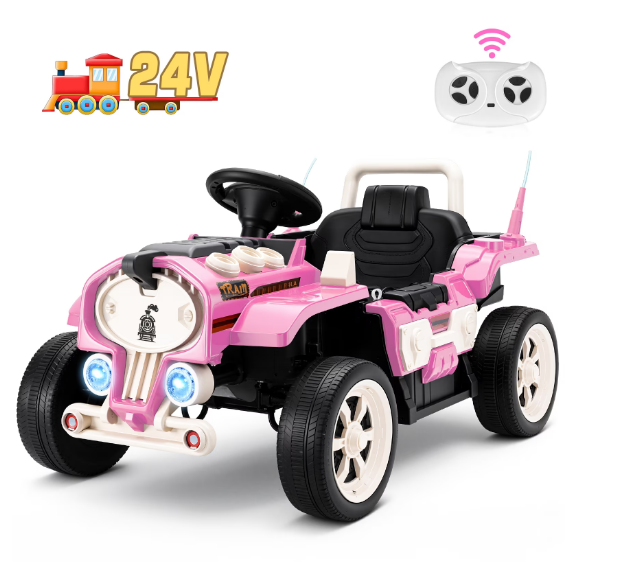 Farmdex 24 Volt Ride on Toys, Ride On Train Car for Toddlers with Parent Remote Control, Electric Car for Kids Aged 2-6, Spring Suspension, MP3, LED Lights, Bluetooth, Pink