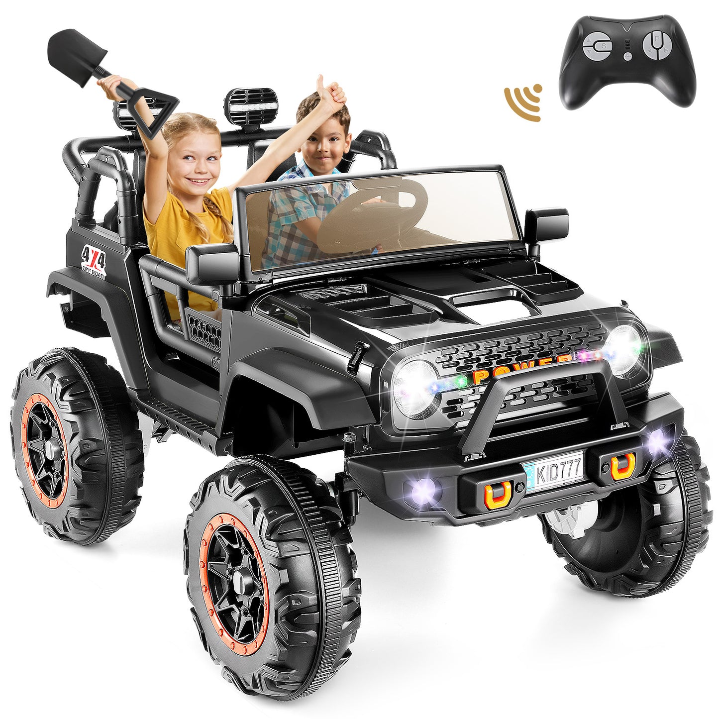VIBESPARK 24V 2-Seater Ride on Toys, Ride on Truck Car with Colored LED Lights, 2WD/4WD Switchable Electric Car for Kids, Ride on Cars W/ Bluetooth, SD Card Slot, Toy Shovel, Spring Suspension, Black