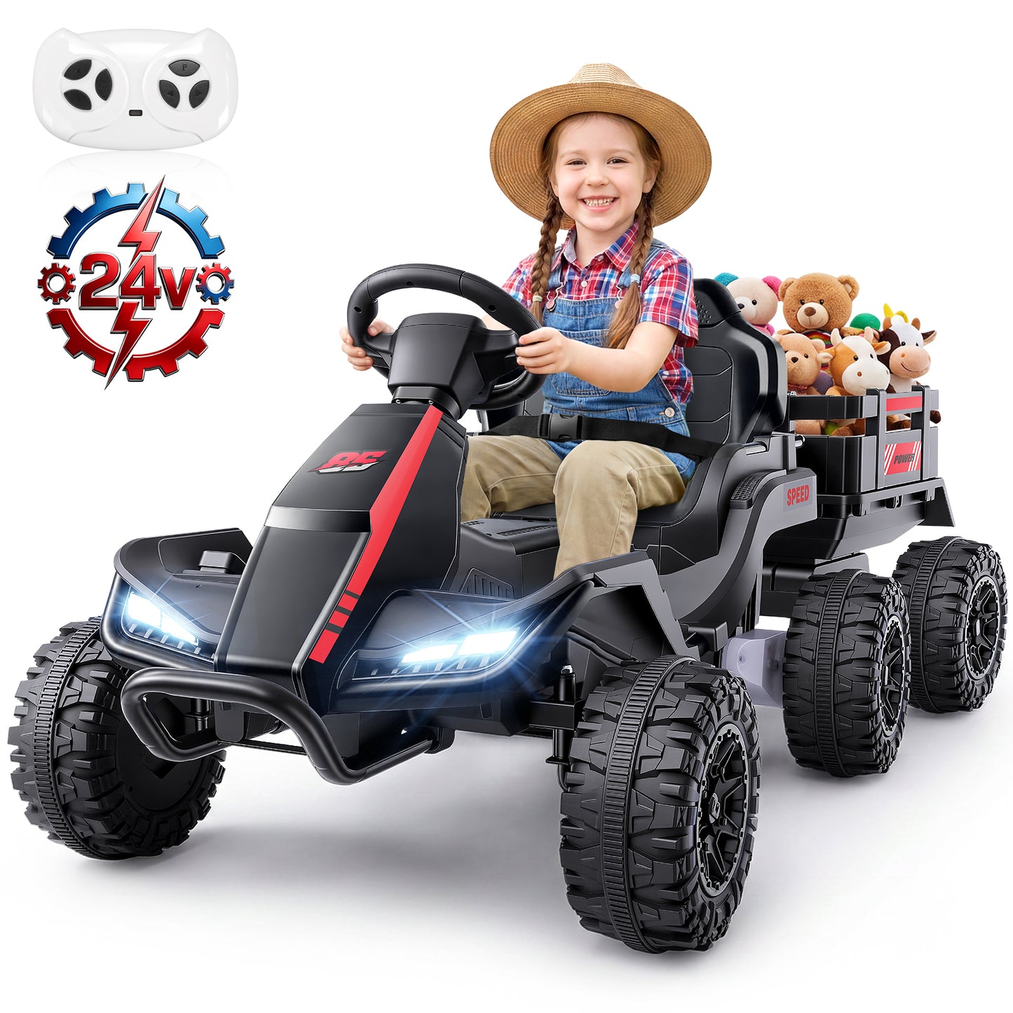 VIBESPARK 24V Ride on Toys with Remote Control, 3 in 1 Ride on Car, Ride on ATV for Kids with Trailer, 6 Wheel Kids Electric Car w/ Bluetooth, MP3, Music, Black