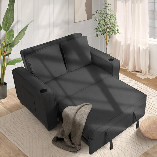 VIBESPARK 3-in-1 Convertible Sofa Bed 52" Corduroy 2-Seater Loveseat, Adjustable Backrest, Cup Holders, 2 Pillows for Home Living Room Teen Bed Room