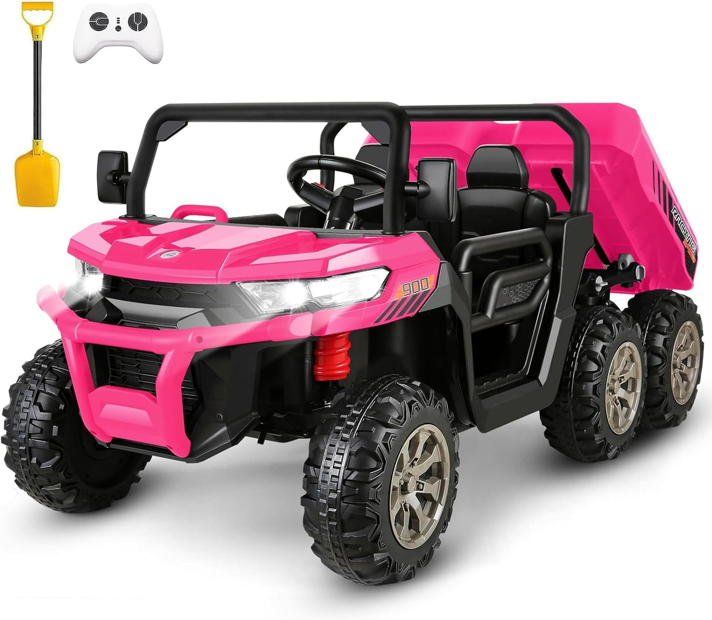 Funcid 24V Ride on Toys with Remote Control, 2 Seater Kid Ride on UTV, 4WD Ride on Dump Truck Car, Electric Battery Powered 6-Wheel UTV Toys w/ Tipping Bucket Trailer, Shovel, Bluetooth Music,Pink