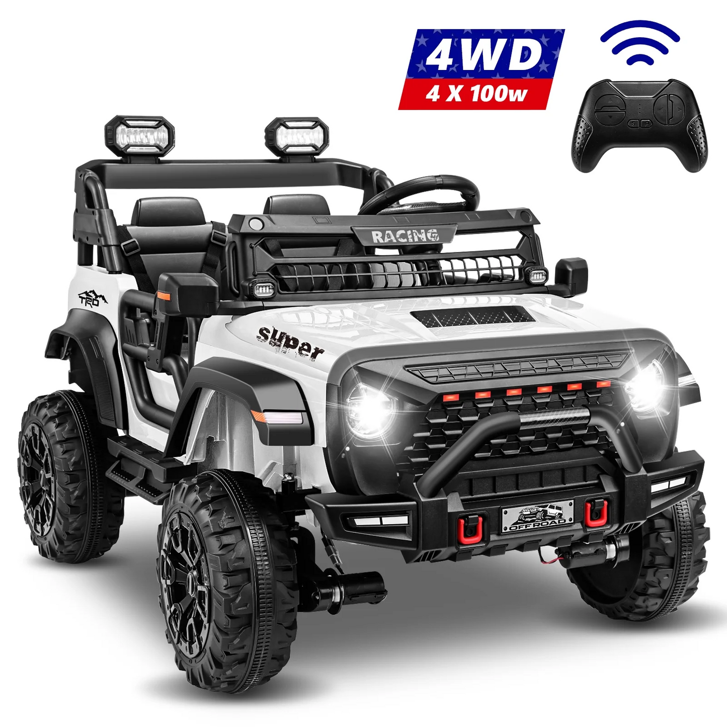 VIBESPARK 24 Volt 2-Seater Ride on Toys with Remote Control, 9AH Electric Car for Kids, 4WD Battery Powered Ride on Truck Car, Power Car Wheels w/ Bluetooth, Music, Spring Suspension, 3-Speed, White