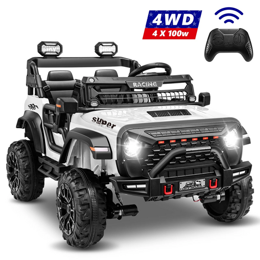VIBESPARK 24 Volt 2-Seater Ride on Toys with Remote Control, 9AH Electric Car for Kids, 4WD Battery Powered Ride on Truck Car, Power Car Wheels w/ Bluetooth, Music, Spring Suspension, 3-Speed, White