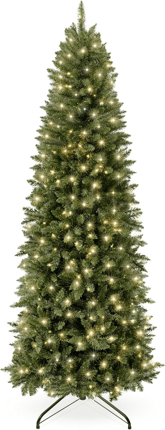 6ft Pre-Lit Pencil Christmas Tree, Skinny Spruce Slim Holiday Decoration w/ 1,075 Tips, 350 Lights, Metal