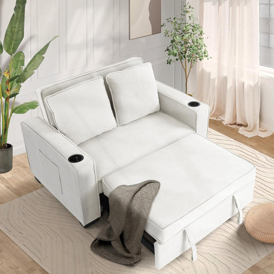 VIBESPARK 3-in-1 Convertible Sofa Bed 52" Corduroy 2-Seater Loveseat, Adjustable Backrest, Cup Holders, 2 Pillows for Home Living Room Teen Bed Room
