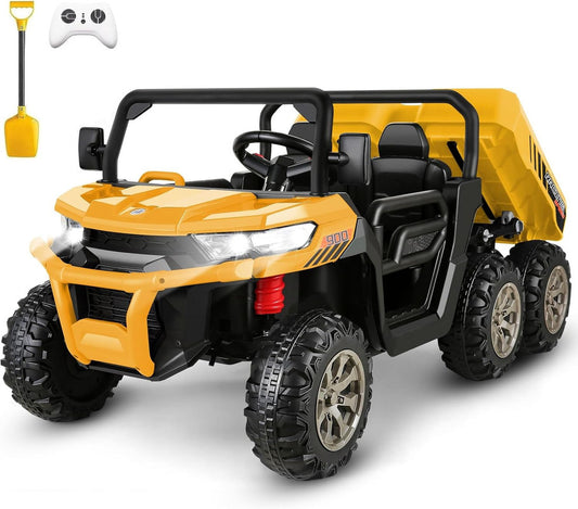 VIBESPARK 24 Volt Ride on Toys, 2-Seater 6-Wheel Ride on UTV Cars, 4WD Electric Dump Truck w/ Dump Bed, Battery Display, Joystick, High/Low Speed, Shovel, Bluetooth, MP3, Remote Control, Yellow