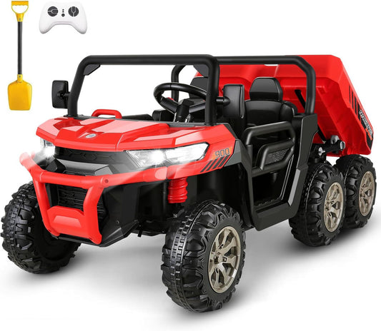 VIBESPARK 24 Volt Ride on Toys, 2-Seater 6-Wheel Ride on UTV Cars, 4WD Electric Dump Truck w/ Dump Bed, Battery Display, Joystick, High/Low Speed, Shovel, Bluetooth, MP3, Remote Control, Red