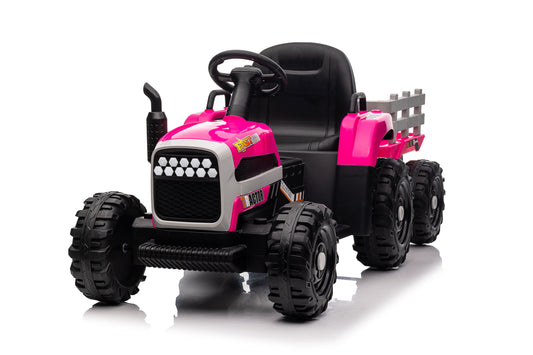 Vibespark 12V Ride on Tractor Toys with Trailer, 7AH Battery Powered Electric Car for Kids w/ Remote Control, Music Player, 3 Speeds, LED Lights, Tractor Ride on Toys, Rose Red