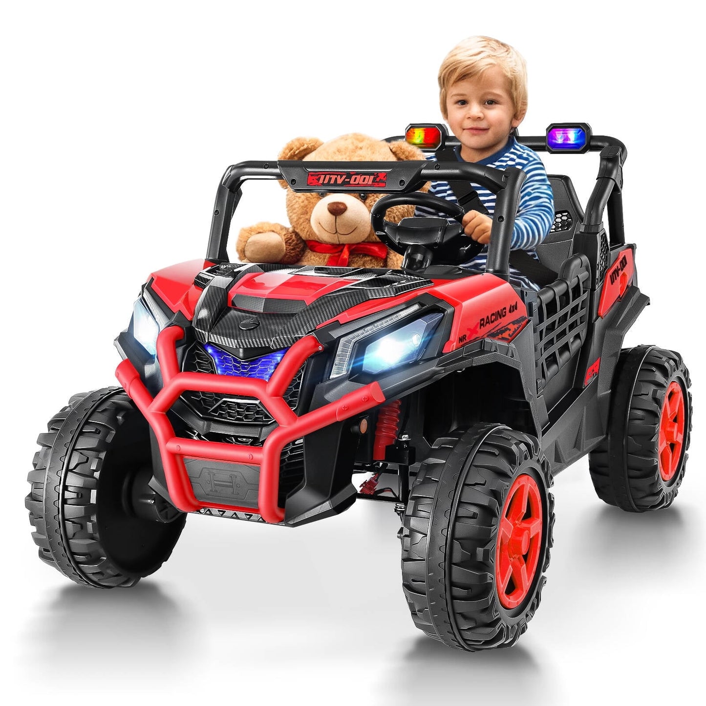 Vibespark 24V Ride on Toys Car w/ 2 XL Seater & Remote Control, 4WD Ride On UTV with 4x200W Motor, Power Car Wheel w/ Spring Suspension, Colorful LED lights, Bluetooth Music, 3 Speed, Red