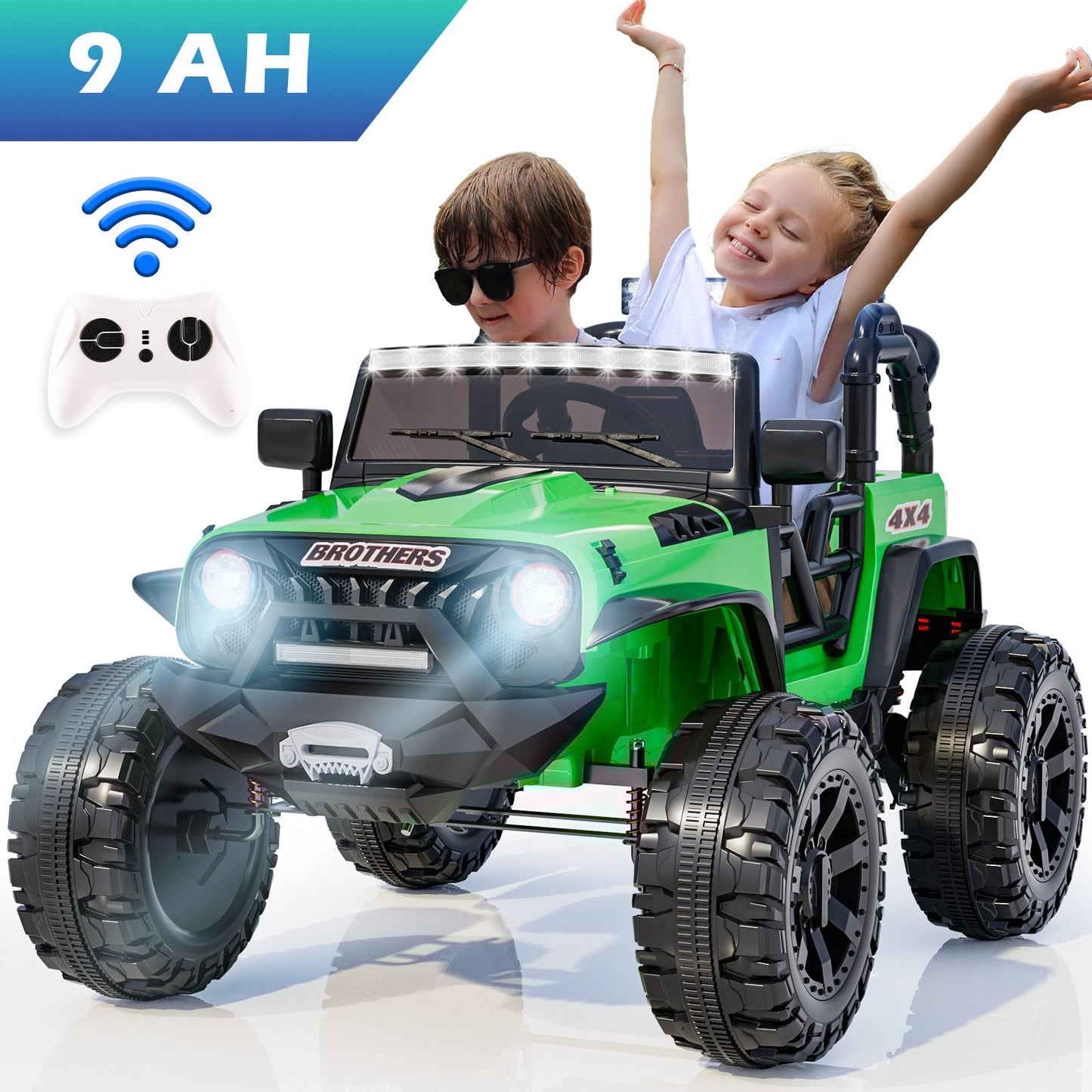 VIBESPARK 24V Ride on Truck Car 2-Seater Ride on Toys with Remote Control, 9AH Ride on Cars Electric Car for Kids w/ Bluetooth, Music, LED Head Lights & Rear Lights, Spring Suspension, Green