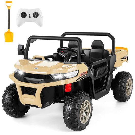 VIBESPARK 24V 2 Seater Ride on Toys with Dump Bed, Ride on UTV 2x200W Motors, Ride on Dump Truck w/ Battery Level Display, Forward/Stop/Reverse Joystick, Remote Control, Shovel, Bluetooth, MP3, Gold