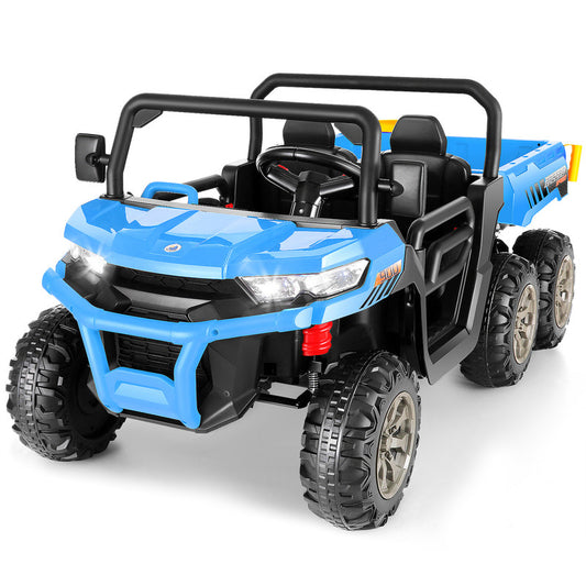 VIBESPARK 24 Volt Ride on Toys, 2-Seater 6-Wheel Ride on UTV Cars, 4WD Electric Dump Truck w/ Dump Bed, Battery Display, Joystick, High/Low Speed, Shovel, Bluetooth, MP3, Remote Control, Blue