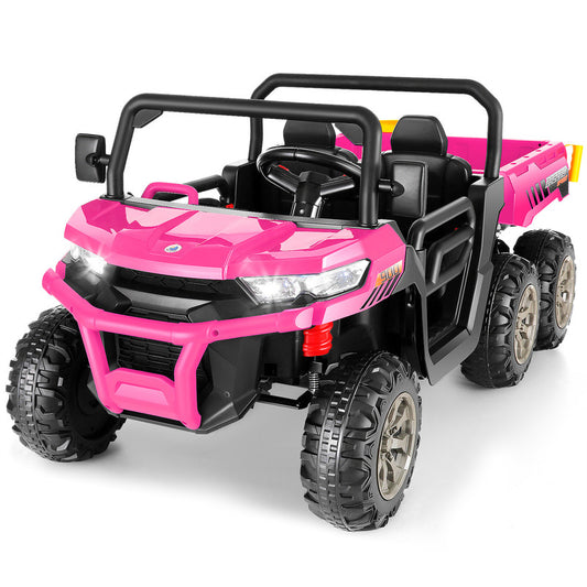 VIBESPARK 24 Volt Ride on Toys, 2-Seater 6-Wheel Ride on UTV Cars, 4WD Electric Dump Truck w/ Dump Bed, Battery Display, Joystick, High/Low Speed, Shovel, Bluetooth, MP3, Remote Control, Pink