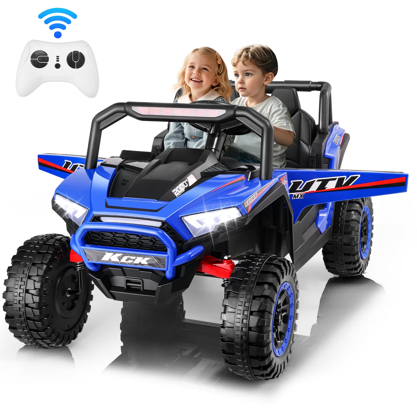VIBESPARK 24V 2 Seater Ride on Toys UTV with Remote Control, Electric Ride on Cars for Kids, Power Car Wheels, Colorful LED Lights, Bluetooth, Storage Space, Blue
