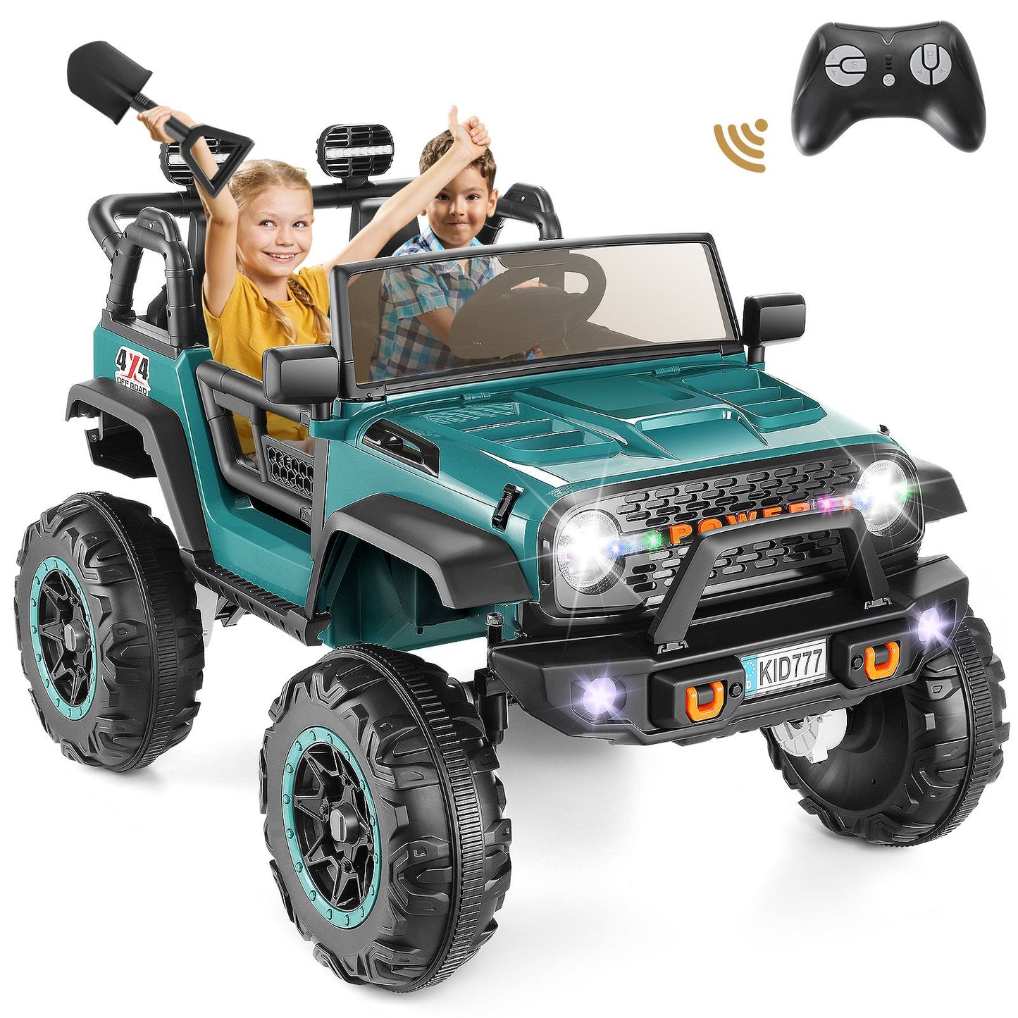 VIBESPARK 24V 2-Seater Ride on Toys, Ride on Truck Car with Colored LED Lights, 2WD/4WD Switchable Electric Car for Kids, Ride on Cars W/ Bluetooth, SD Card Slot, Toy Shovel, Peacock Blue