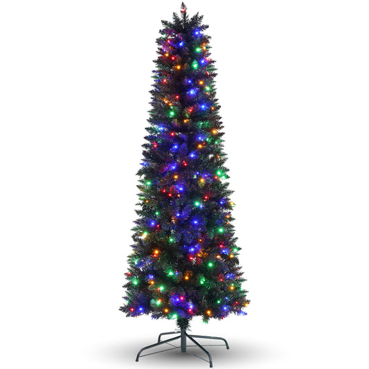 VIBESPARK 6ft Pre-Lit Artificial Pencil Christmas Tree, Black Hinged Slim Halloween Christmas Tree for Home, Office, Party Decoration with 900 Branch Tips and 250 Lights
