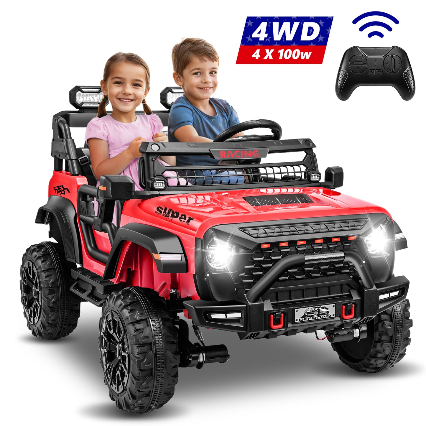 VIBESPARK 24V 9AH Ride on Toys, 4WD Ride on Cars with Remote Control, 2-Seater Powered Ride on Electric Truck Car for Kids w/  Bluetooth, MP3, LED Lights, 3-Point Seat Belts, Spring Suspension, Red