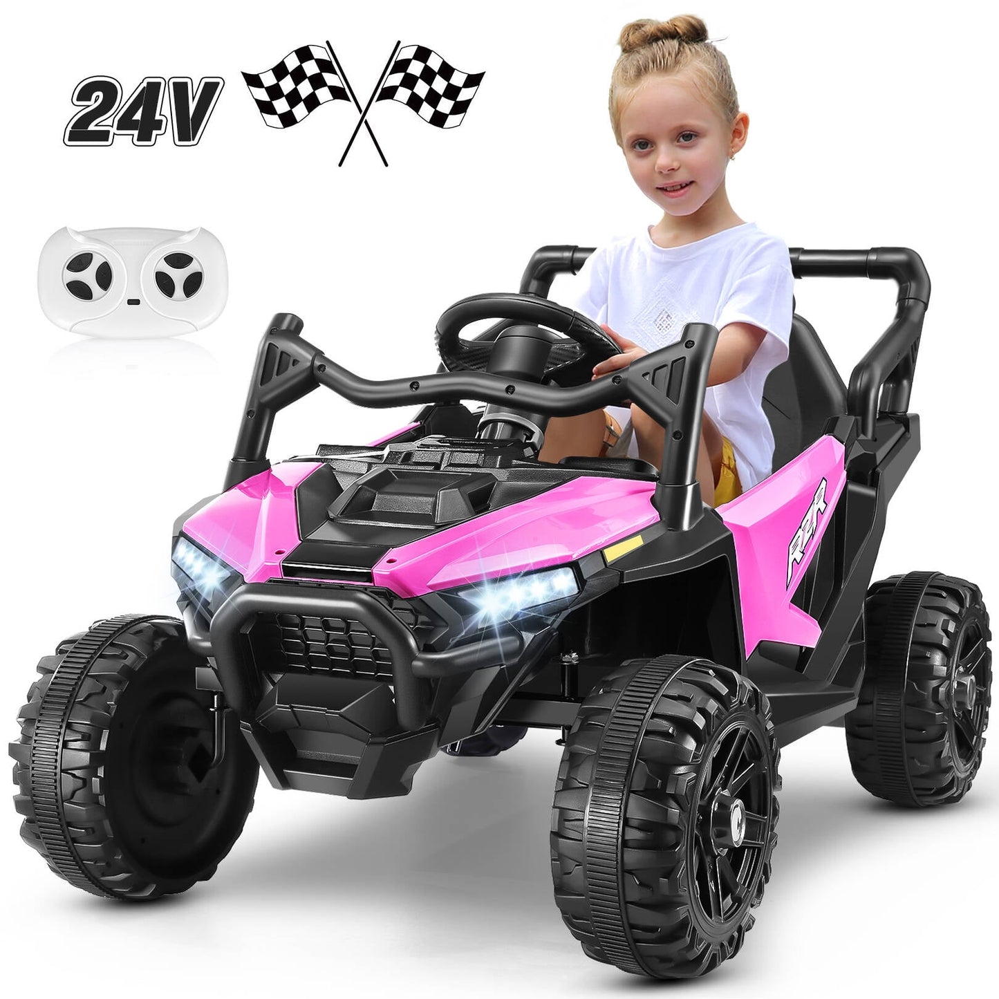 VIBESPARK 24V Ride on Toys for Kids, Ride on Cars with Remote Control, Powered Ride on Electric Car w/ Bluetooth, Music Player, LED Lights, Pink