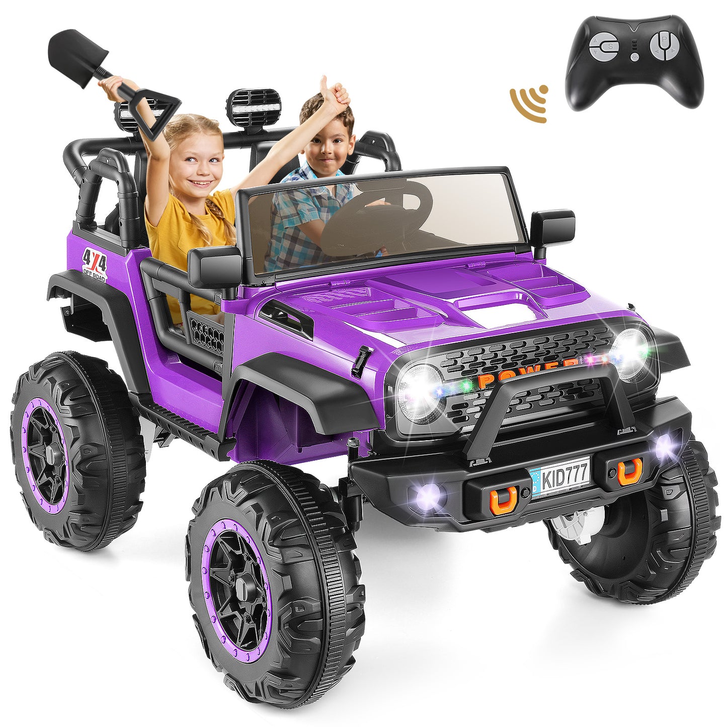 VIBESPARK 24V 2-Seater Ride on Toys, Ride on Truck with Colored LED Lights, 2WD/4WD Switchable Electric Car for Kids, Ride on Cars W/ Bluetooth, SD Card Slot, Toy Shovel, Spring Suspension, Purple