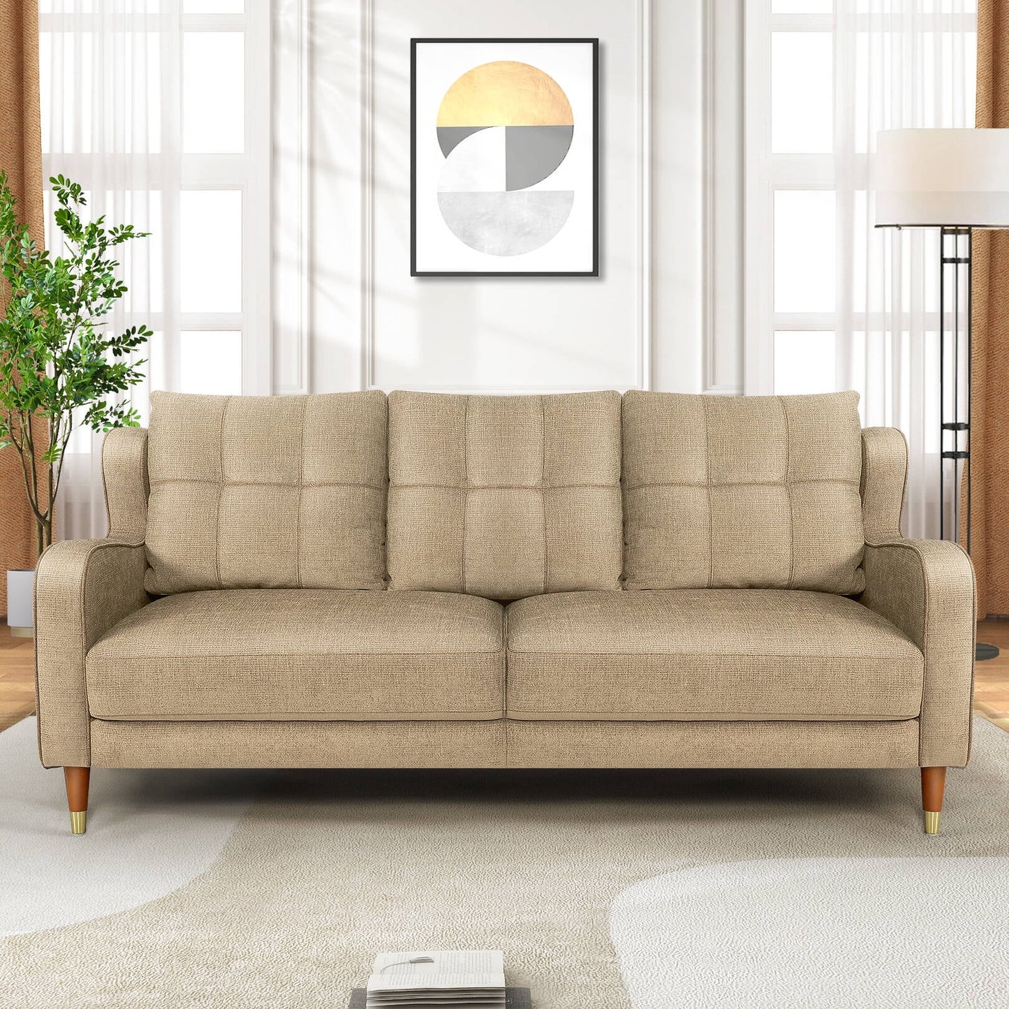 SEJOV 76" Linen Sofa Couch, 3 Seater Sofa for Living Room, Comfy Deep Seat Sofa With Spring Support