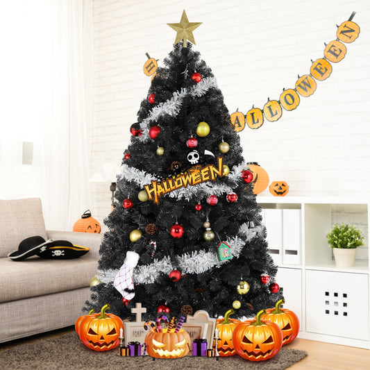 VIBESPARK 6ft Artificial Full Black Christmas Tree Seasonal Holiday Decoration for Home, Office, Party Decoration w/ 1000 PVC Branch Tips, Metal Hinges, Foldable Base