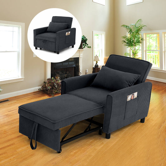 VIBESPARK 3-in-1 Convertible Sleeper Chair, Corduroy Chair Bed with 3 Adjustable Backrests, Adults Pull-Out Sofa Chair Bed w/ Support Pillow, Armchair, Small Spaces, Living Room, Bedroom, Apartment