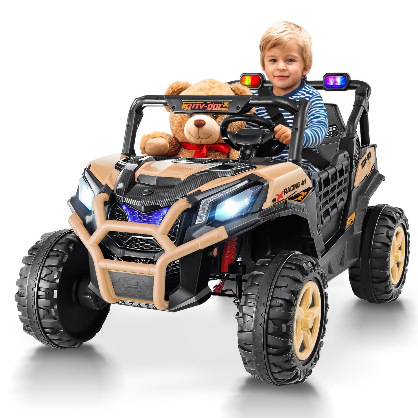 Vibespark 24V Ride on Toys Car w/ 2 XL Seater & Remote Control, 4WD Ride On UTV with 4x200W Motor, Power Car Wheel w/ Spring Suspension, Colorful LED lights, Bluetooth Music, 3 Speed, Yellow