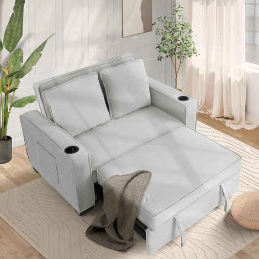VIBESPARK 3-in-1 Convertible Sofa Bed 52" Corduroy 2-Seater Loveseat, Adjustable Backrest, Cup Holders, 2 Pillows for Home Living Room Teen Bed Room