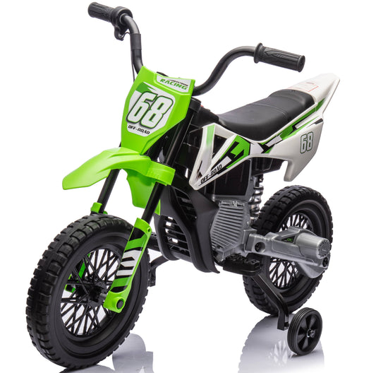 VIBESPARK 12V Electric Dirt Bike with Twist Grip Throttle, Kids Ride on Motorcycle with 2 Training Wheels, Suitable for Boys & Girls Ages 3-8, Bluetooth, MP3, Dual Motors, Spring Suspension