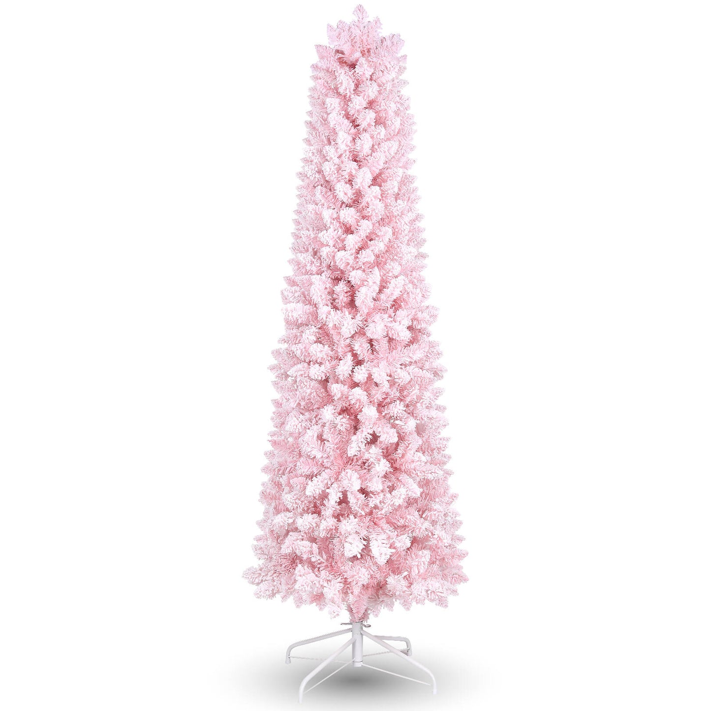 VIBESPARK 6FT Pencil Snow Flocked Christmas Tree, Hinged Pine Tree with 566 PVC Branches, Skinny Xmas Tree, Foldable Metal Stand, Holiday Decorations, Indoor and Outdoor, Pink