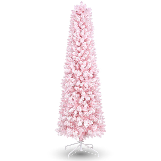 VIBESPARK 6FT Pencil Snow Flocked Christmas Tree, Hinged Pine Tree with 566 PVC Branches, Skinny Xmas Tree, Foldable Metal Stand, Holiday Decorations, Indoor and Outdoor, Pink