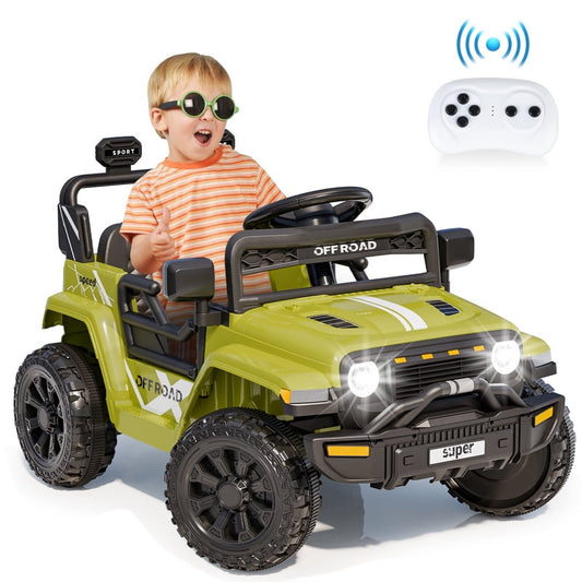 VIBESPARK 12V Ride on Truck Car, Ride on Toys for Toddlers with Remote Control, Electric Cars for Kids w/ 3-point Safety Belts, Built-in Music, LED Lights, Spring Suspension, Aged 3-6, Green