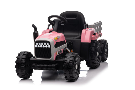 Vibespark 12V Ride on Tractor Toys with Trailer, 7AH Battery Powered Electric Car for Kids w/ Remote Control, Music Player, 3 Speeds, LED Lights, Tractor Ride on Toys, Pink