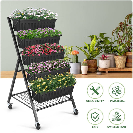 VIBESPARK 5-Tier Vertical Raised Garden Bed with Lockable Caster Wheels - 4FT, Includes 5 Planter Boxes, Ideal for Growing Vegetables, Herbs, and Flowers Indoors (Black)