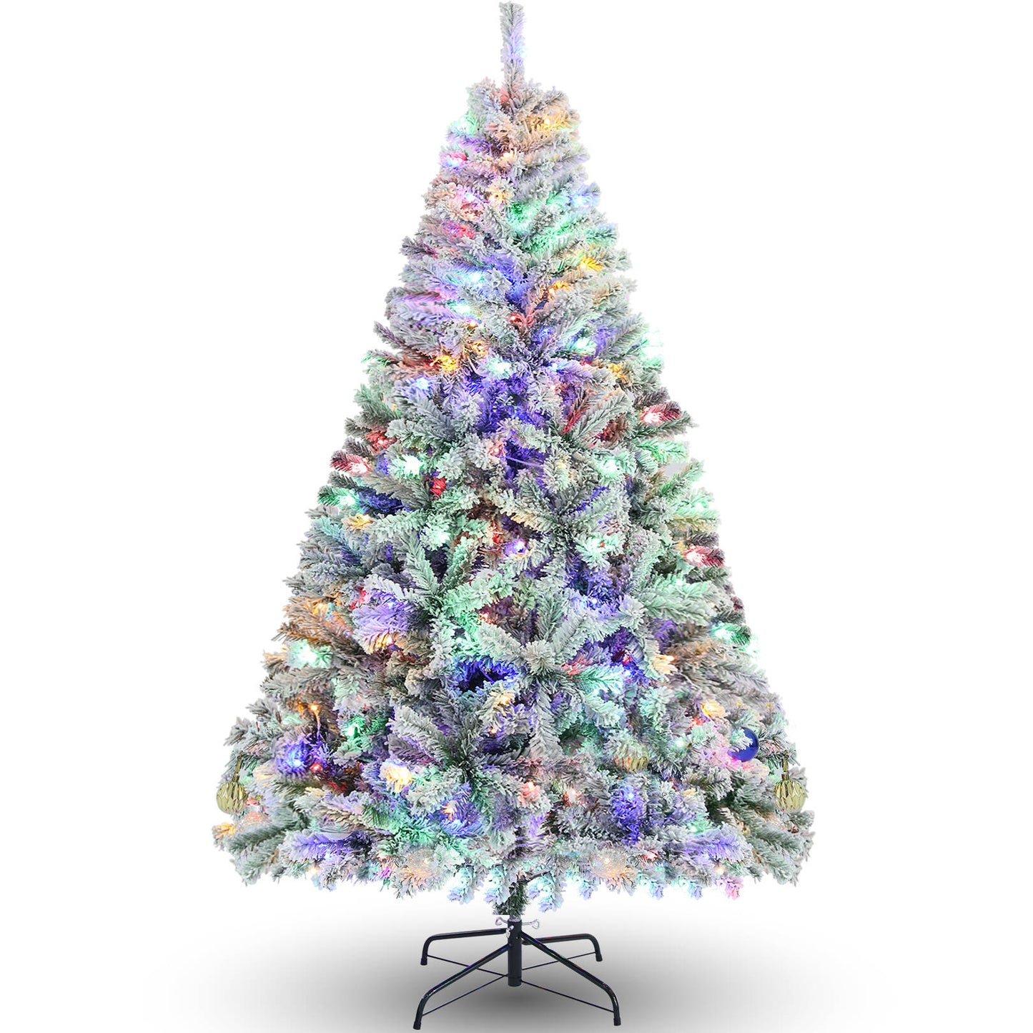 VIBESPARK 6FT Pre-Lit Flocked Christmas Tree, Artificial Christmas Tree with 250 LED Lights, Hinged Pine Tree with 640 PVC Branches, Foldable Metal Stand, Indoor and Outdoor